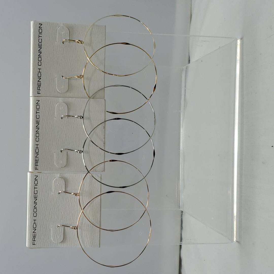 3 Pairs French Connection Large Flattened Earrings Gold-Silver-Rose Gold 38$